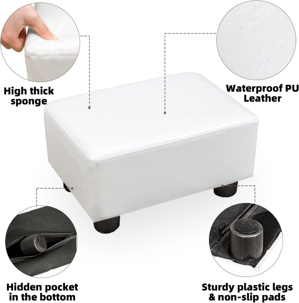 CAROLMADE Small Foot Stool Ottoman 15.4 Sherpa Footstool with Legs Under Desk Footrest for Living Room Bedroom and Office,Fluffy White