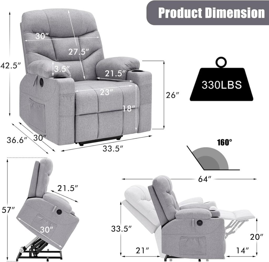 CDCASA Power Lift Recliner Chair for Elderly with Heated Vibration Massage, Fabric Electric Power Recliner Chairs for Seniors, Side Pockets,Cup Holders, USB Ports, Remote Control, Gray