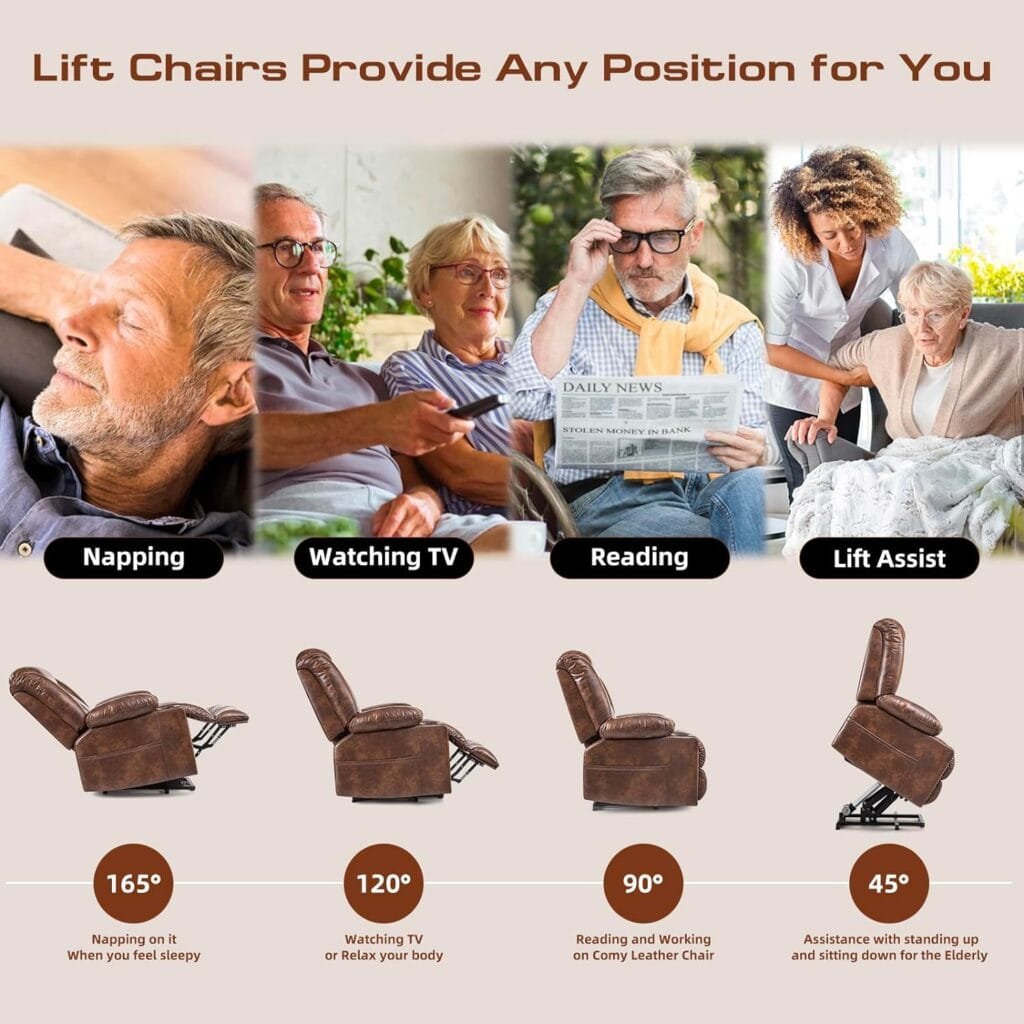 Cfvyne Large Power Lift Chair Recliner for Elderly with Heated and Massage, Overstuffed Adjustable Lift Chairs, 3 Positions, Breathable Leather, USB-A and USB-C, Cup Holders, Side Pockets, Grey