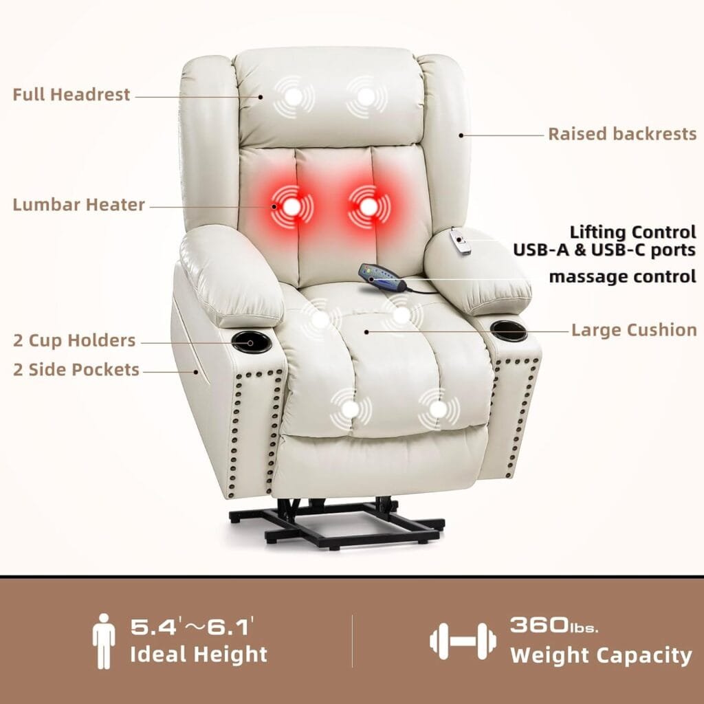 Cfvyne Large Power Lift Chair Recliner for Elderly with Heated and Massage, Overstuffed Adjustable Lift Chairs, 3 Positions, Breathable Leather, USB-A and USB-C, Cup Holders, Side Pockets, Grey