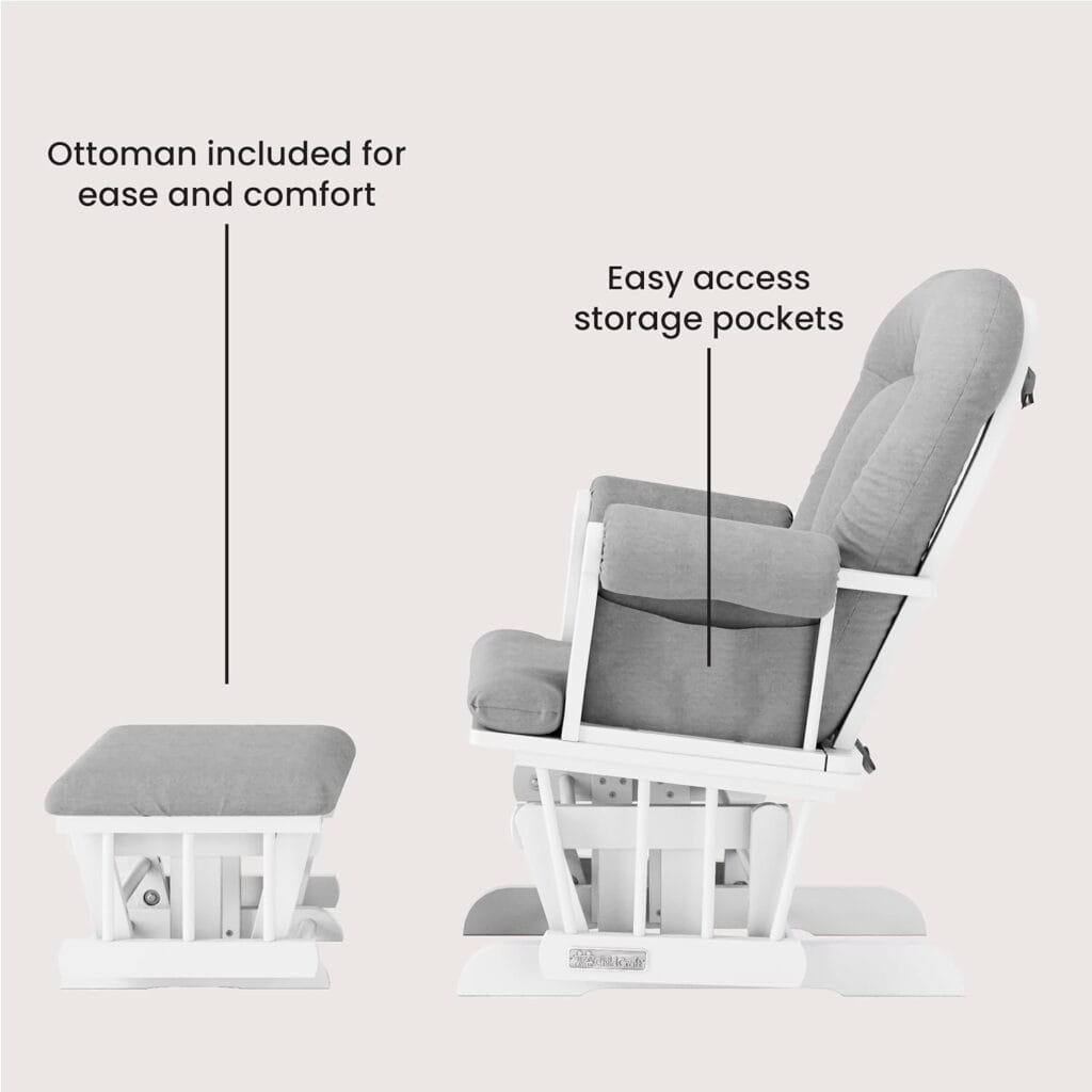 Child Craft Cozy Glider Rocker and Ottoman Set, Padded Cushion with Convenient Storage Pockets, Solid Wood Base  Frame (Matte White with Light Gray Cushion)