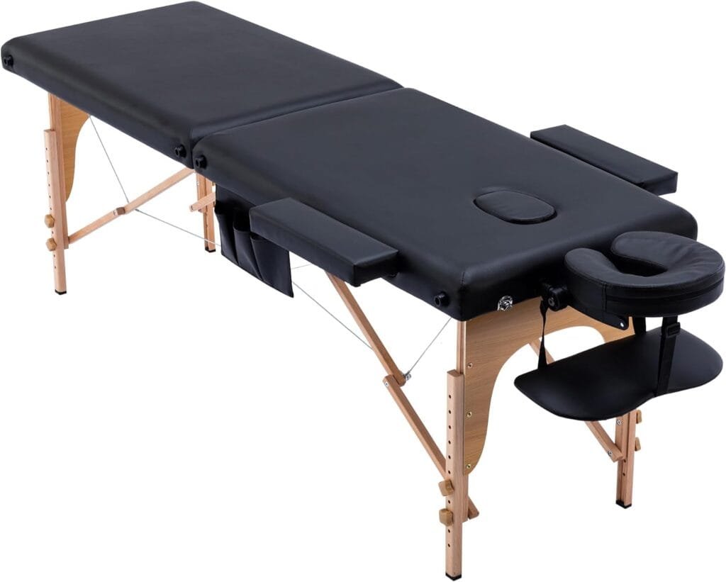 civama Massage Table Massage Bed Portable, 29 LBs Light Weight 2 Section Foldable Tattoo Bed Facial Care Spa Lash Bed Height Adjustable Sturdy Wooden Frame with Accessories Carrying Bag, Black