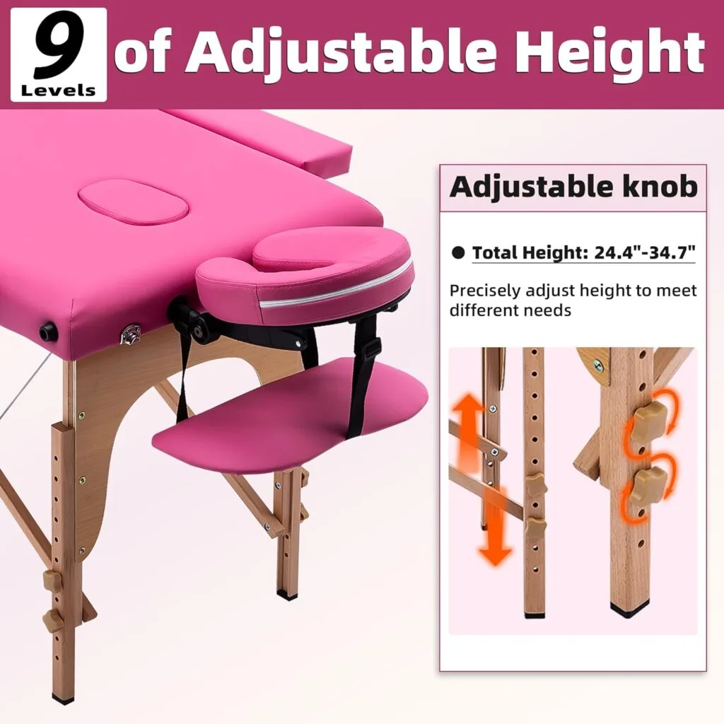 civama Massage Table Massage Bed Portable, 29 LBs Light Weight 2 Section Foldable Tattoo Bed Facial Care Spa Lash Bed Height Adjustable Sturdy Wooden Frame with Accessories Carrying Bag, Black