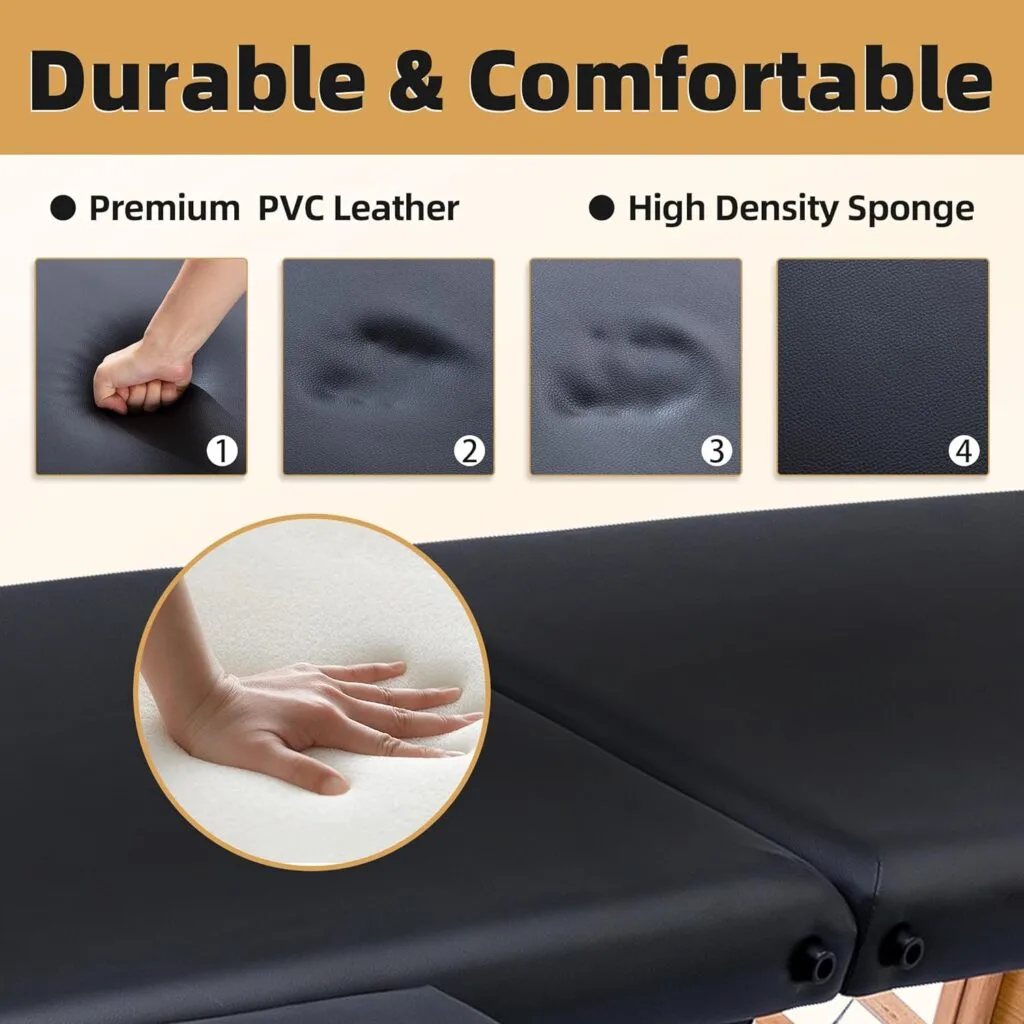 civama Massage Table Massage Bed Portable, 29 LBs Light Weight 2 Section Foldable Tattoo Bed Facial Care Spa Lash Bed Height Adjustable Sturdy Wooden Frame with Accessories Carrying Bag, Black
