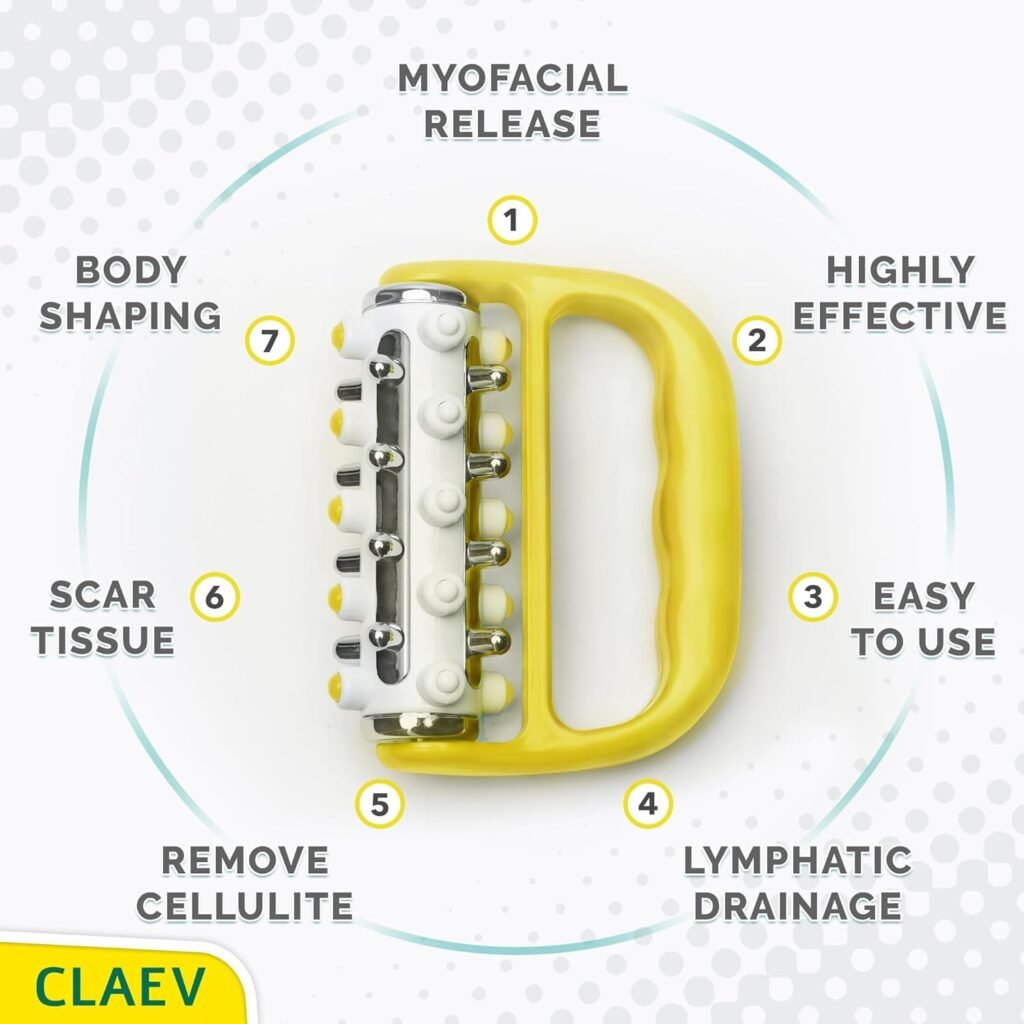 Claev Lymphatic Drainage Massager, Premium Deep Tissue Muscle Massage Roller for Detox, Circulation  Relaxation, Handheld Body Massage Tool for Thighs, Butt, Legs, Shoulders  Back, Yellow