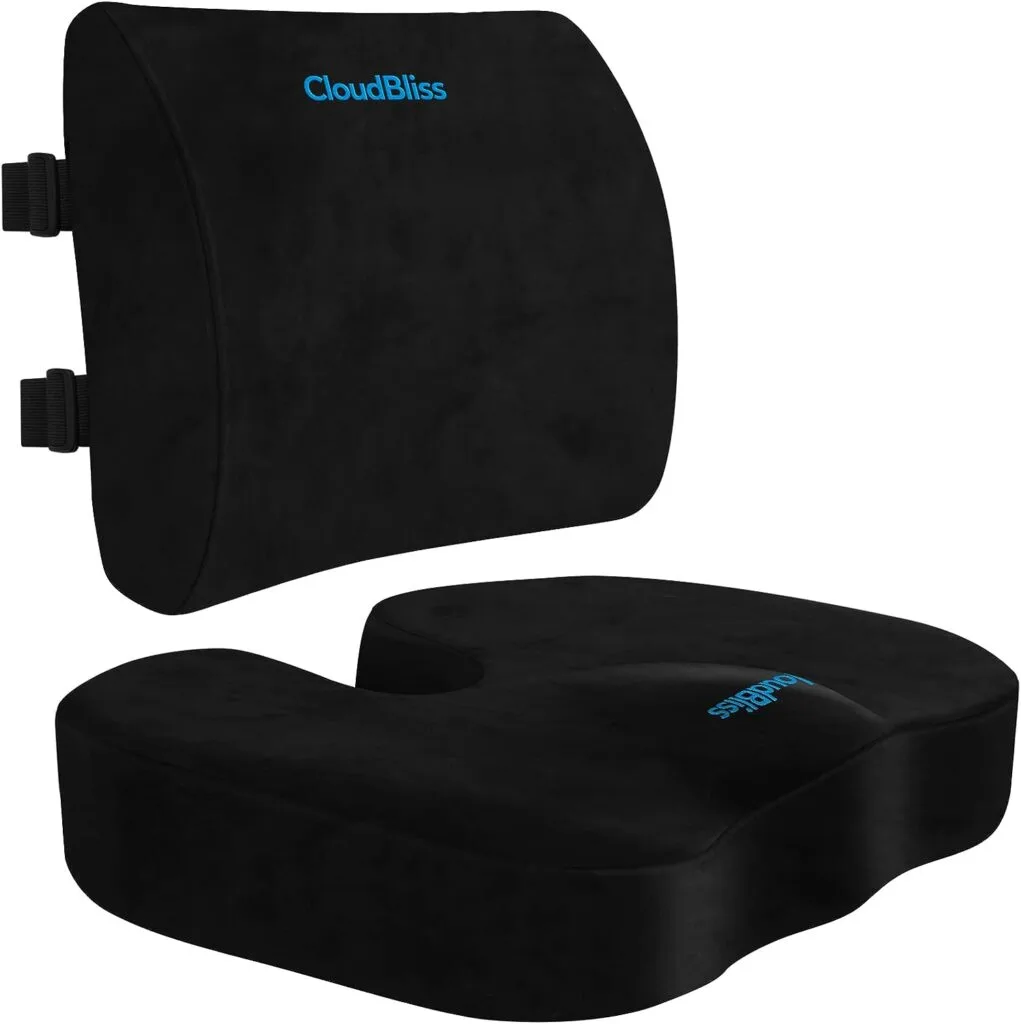 CloudBliss Seat Cushion for Office Chair,Car Seat,Lumbar and Back Support Memory Foam Pillow, Coccyx Cushion for Tailbone ,Sciatica Back Pain Relief -Black CloudBliss Seat Cushion for Office Chair,Car Seat,Lumbar and Back Support Memory Foam Pillow, Coccyx Cushion for Tailbone ,Sciatica Back Pain Relief -Black