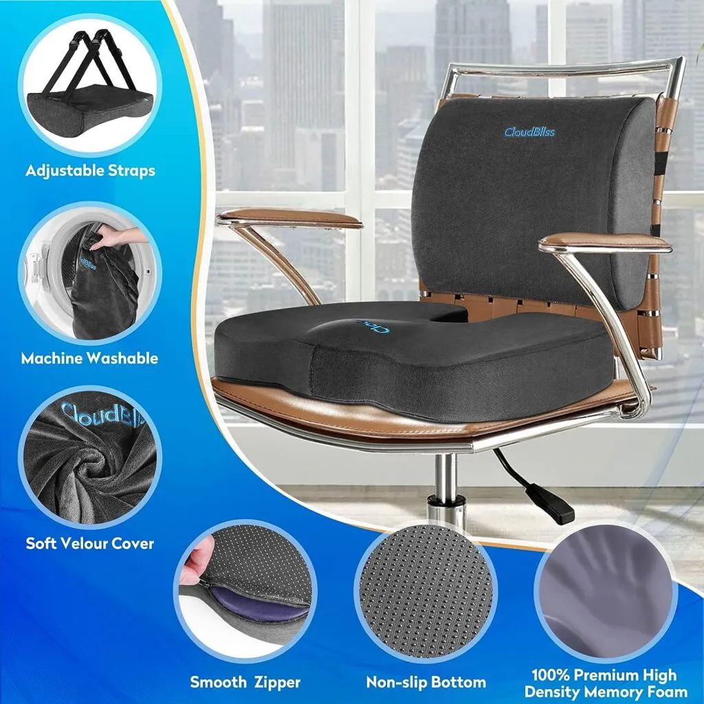 CloudBliss Seat Cushion for Office Chair,Car Seat,Lumbar and Back Support Memory Foam Pillow, Coccyx Cushion for Tailbone ,Sciatica Back Pain Relief -Black CloudBliss Seat Cushion for Office Chair,Car Seat,Lumbar and Back Support Memory Foam Pillow, Coccyx Cushion for Tailbone ,Sciatica Back Pain Relief -Black