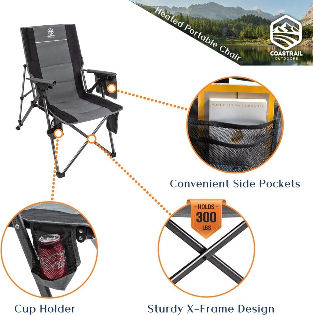Coastrail Outdoor Heated Camping Chair Adjustable 3 Position Reclining Folding Lounge Charis for Adult 3 Temperature Controls Power by USB Bank with Cup Holder  Pockets