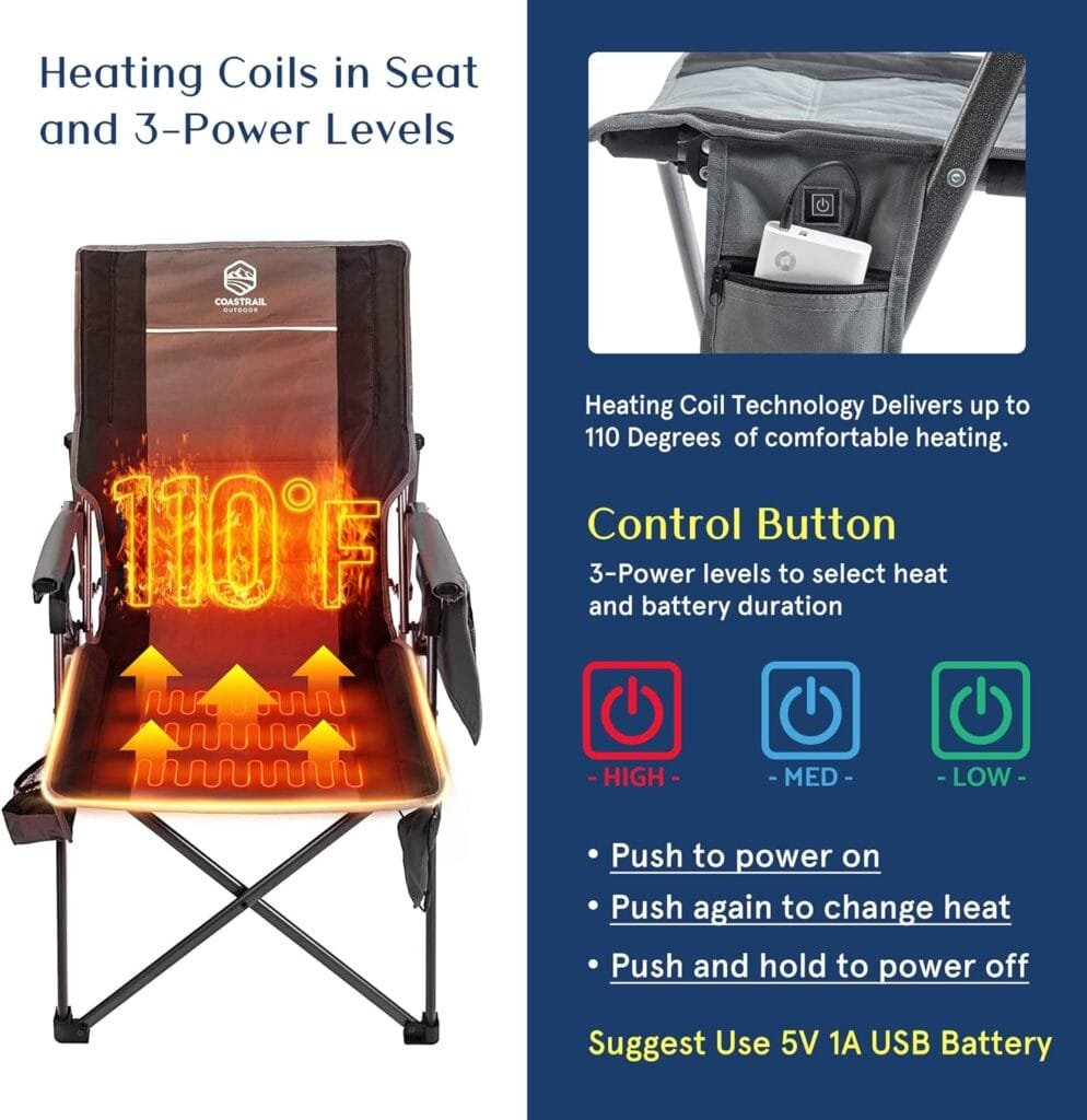 Coastrail Outdoor Heated Camping Chair Adjustable 3 Position Reclining Folding Lounge Charis for Adult 3 Temperature Controls Power by USB Bank with Cup Holder  Pockets