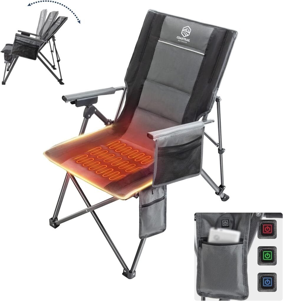 Coastrail Outdoor Heated Camping Chair Adjustable 3 Position Reclining Folding Lounge Charis for Adult 3 Temperature Controls Power by USB Bank with Cup Holder  Pockets