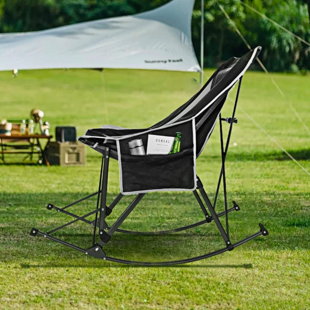 Coastrail Outdoor Rocking Camping Chair for Adults with Cup Holder, Portable Lightweight Recliner Folding Chair for Outside, Rocker Lawn Chair with Carry Bag for Patio Support 350 lbs, Black