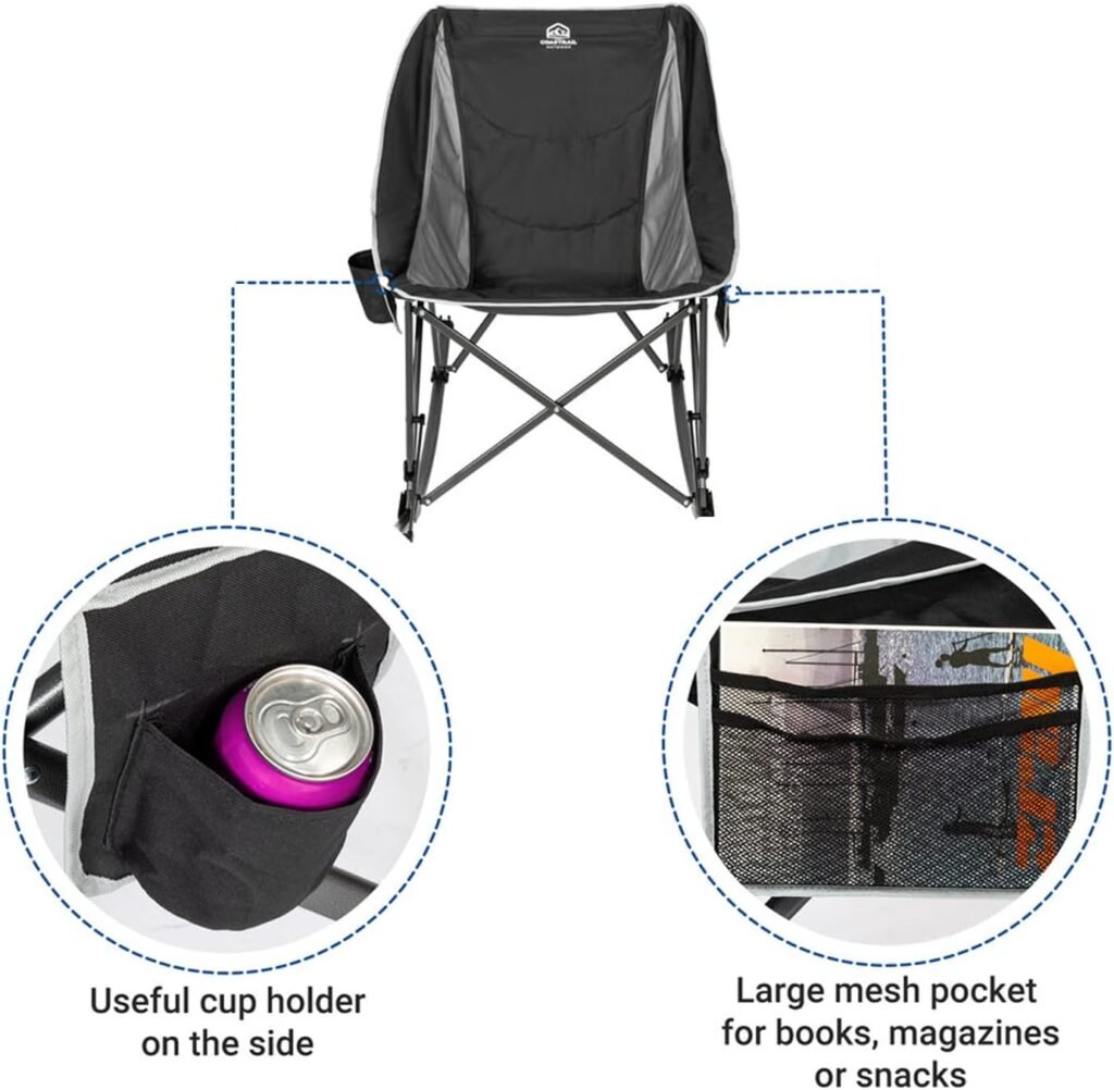 Coastrail Outdoor Rocking Camping Chair for Adults with Cup Holder, Portable Lightweight Recliner Folding Chair for Outside, Rocker Lawn Chair with Carry Bag for Patio Support 350 lbs, Black