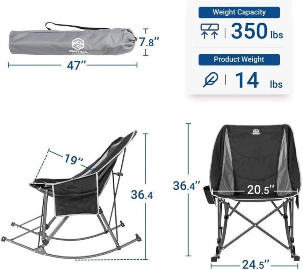 Coastrail Outdoor Rocking Camping Chair for Adults with Cup Holder, Portable Lightweight Recliner Folding Chair for Outside, Rocker Lawn Chair with Carry Bag for Patio Support 350 lbs, Black