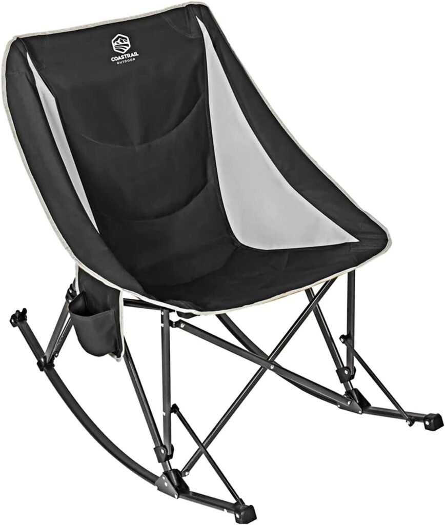 Coastrail Outdoor Rocking Camping Chair for Adults with Cup Holder, Portable Lightweight Recliner Folding Chair for Outside, Rocker Lawn Chair with Carry Bag for Patio Support 350 lbs, Black