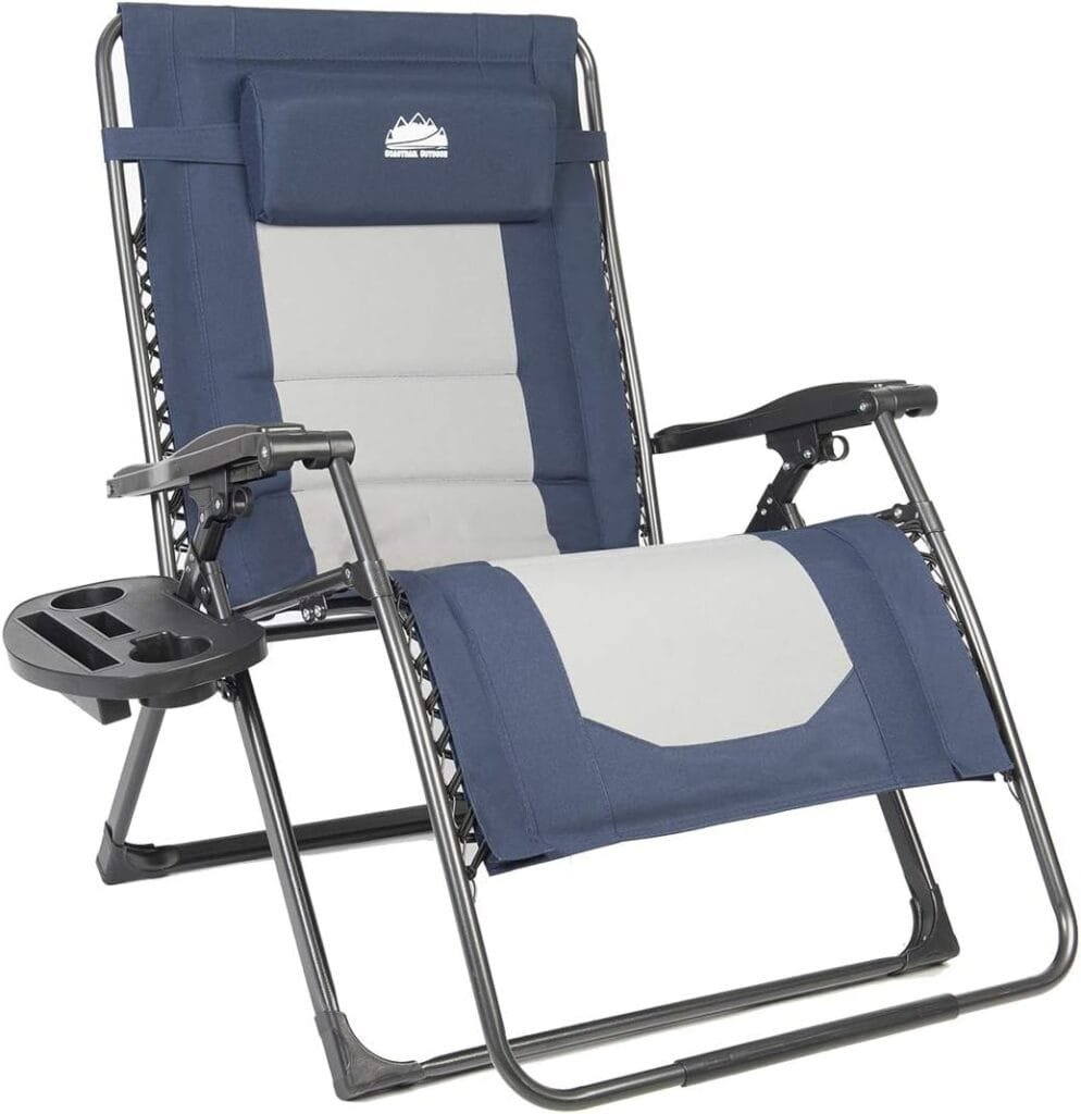 Coastrail Outdoor Zero Gravity Chair Oversized XXL 33.5 Width Patio Recliner Padded Reclining Folding Lounger with Pillow, Side Table for Camping, Lawn, Garden, 500lbs Capacity Blue/1pack