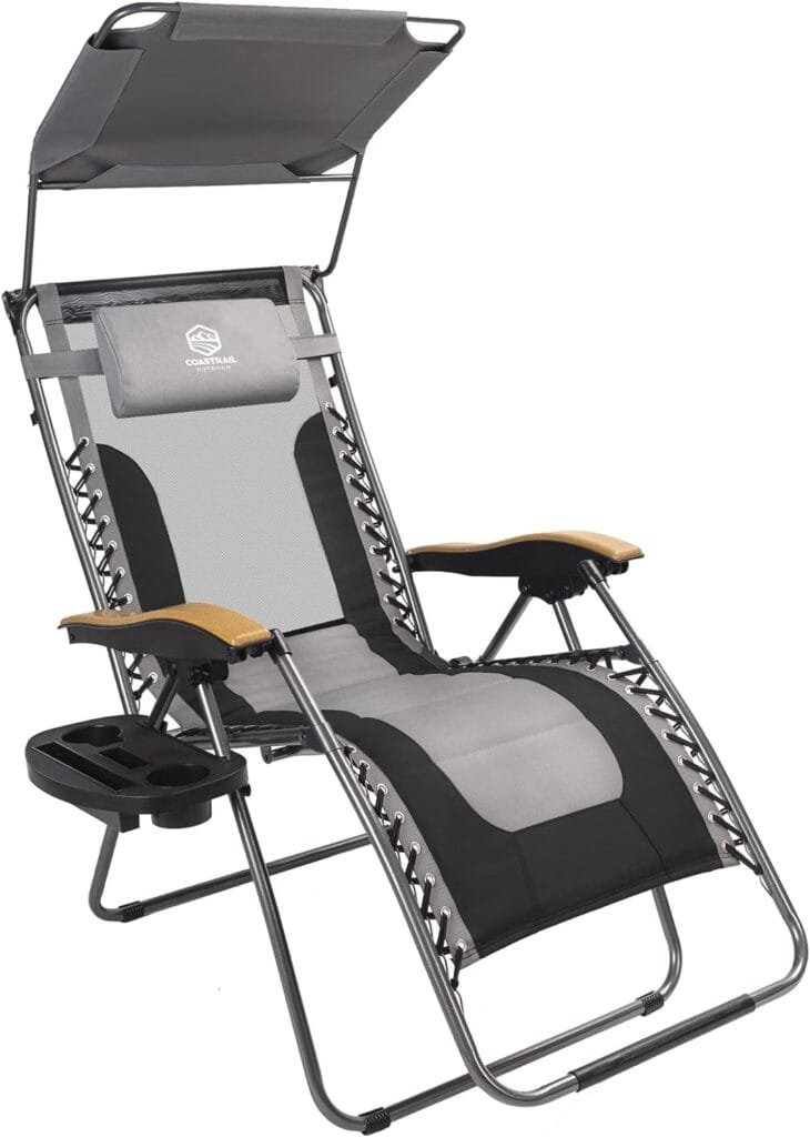 Coastrail Outdoor Zero Gravity Chair with Shade, 400lbs Capacity Mesh Back Padded Reclining Lounge Chair Plus Cup Holder, Table for Yard Patio Lawn Black