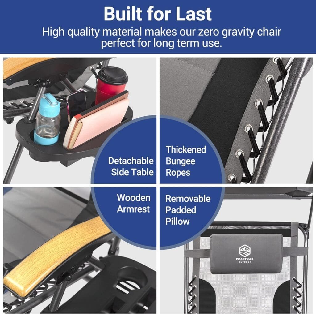 Coastrail Outdoor Zero Gravity Chair with Shade, 400lbs Capacity Mesh Back Padded Reclining Lounge Chair Plus Cup Holder, Table for Yard Patio Lawn Black