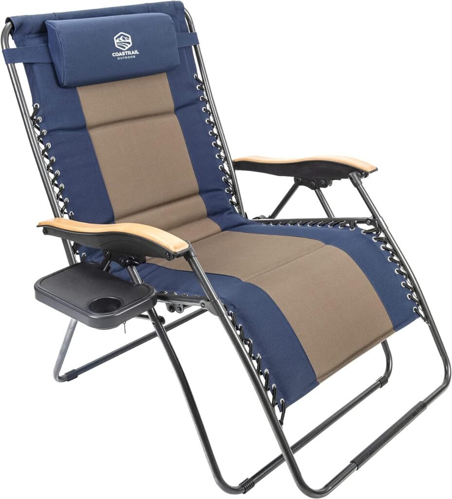 Coastrail Outdoor Zero Gravity Chair Wood Armrest XXL Camping Lounge Chair Patio Recliner Support 400lbs Padded Reclining Chair Folding Lawn Chair with Side Table