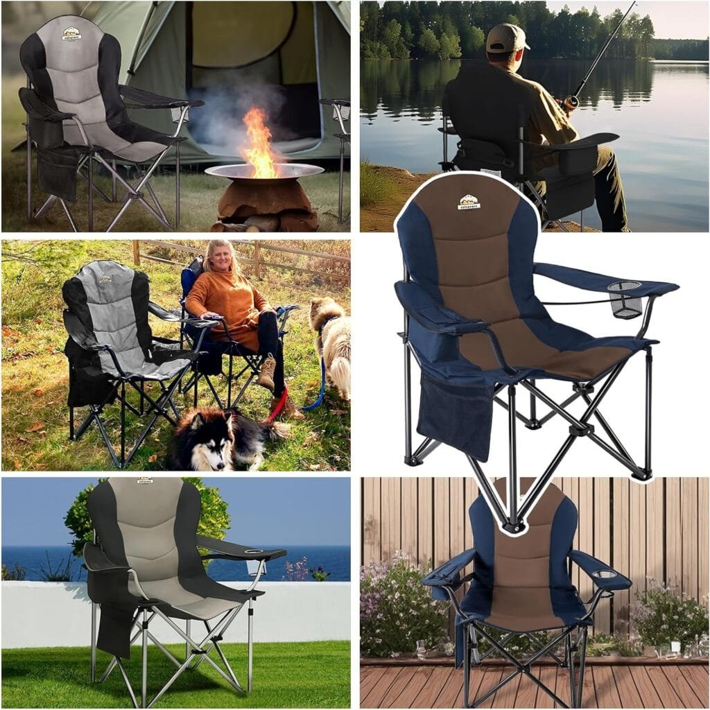 Colegence Oversized Camping Chair Support 400 LBS Carry Bag Included, Heavy Duty Full Padded Folding Chair with Lumbar Support, Cooler Bag, Mesh Cup Holder, Pocket for Lawn,Sport,Outdoor(BlackGrey)