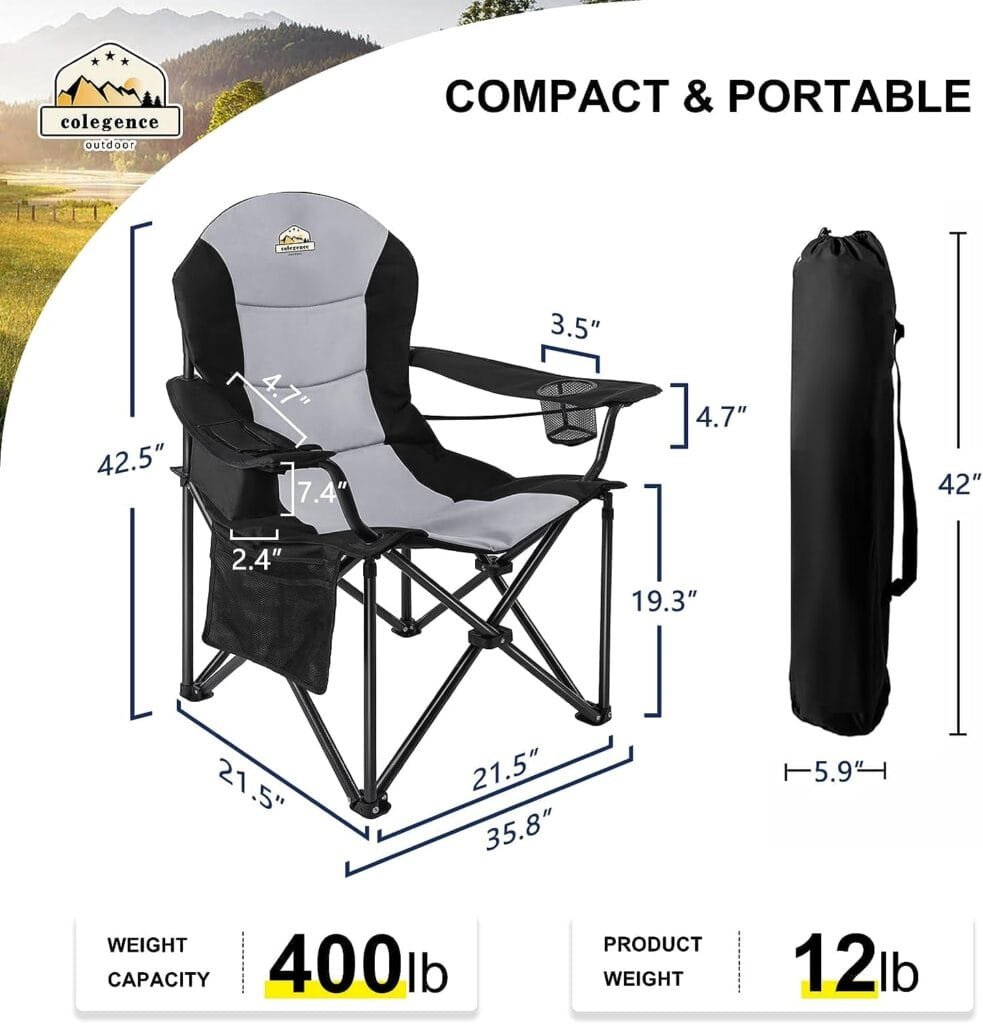 Colegence Oversized Camping Chair Support 400 LBS Carry Bag Included, Heavy Duty Full Padded Folding Chair with Lumbar Support, Cooler Bag, Mesh Cup Holder, Pocket for Lawn,Sport,Outdoor(BlackGrey)