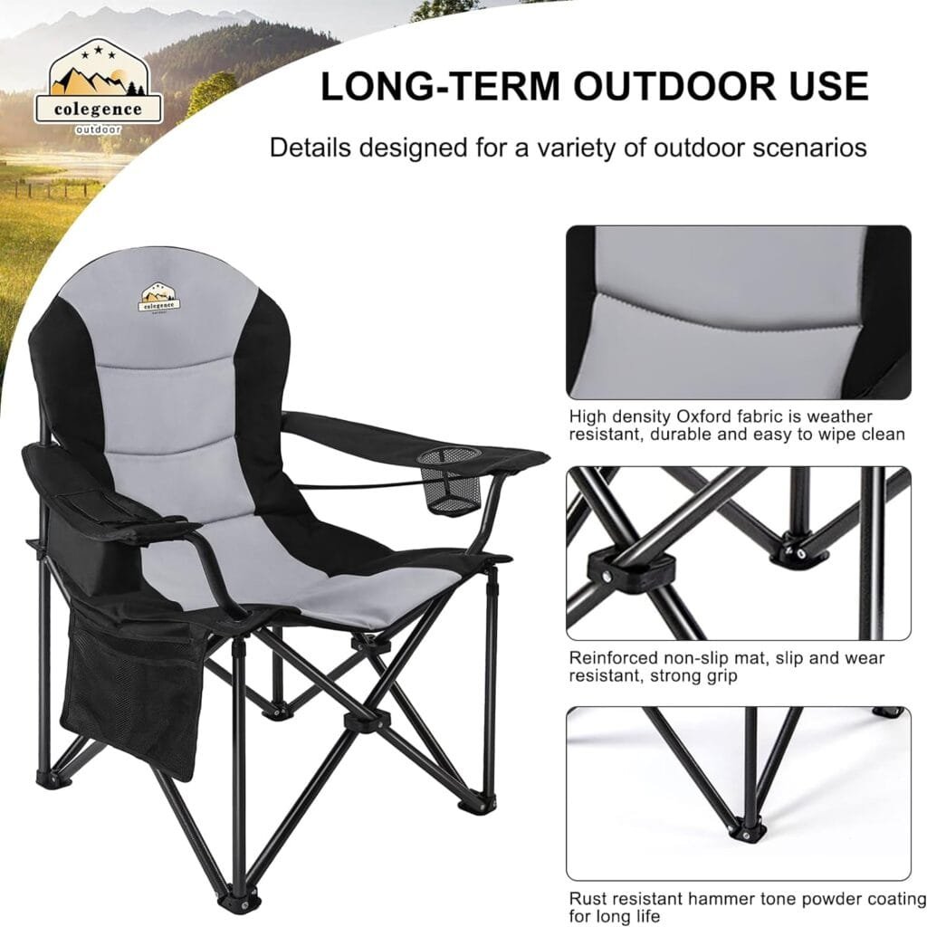 Colegence Oversized Camping Chair Support 400 LBS Carry Bag Included, Heavy Duty Full Padded Folding Chair with Lumbar Support, Cooler Bag, Mesh Cup Holder, Pocket for Lawn,Sport,Outdoor(BlackGrey)