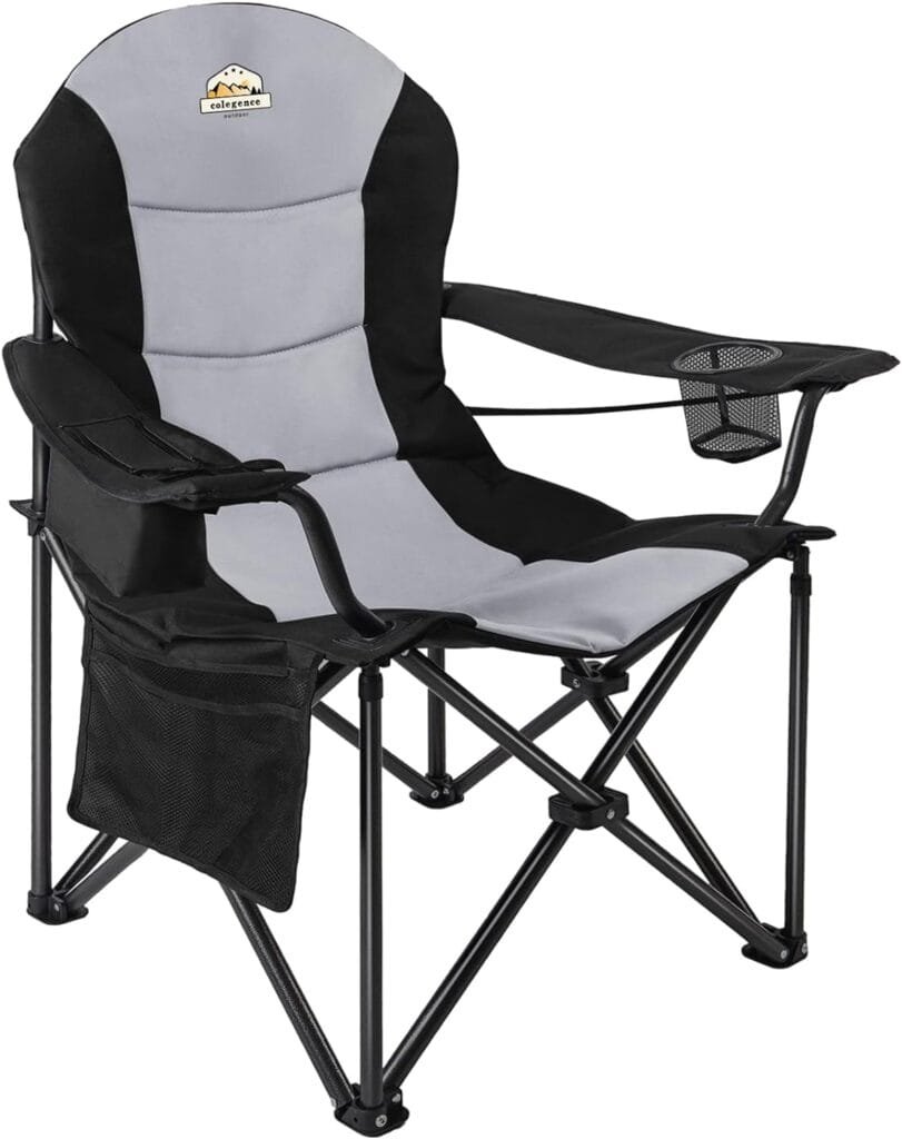 Colegence Oversized Camping Chair Support 400 LBS Carry Bag Included, Heavy Duty Full Padded Folding Chair with Lumbar Support, Cooler Bag, Mesh Cup Holder, Pocket for Lawn,Sport,Outdoor(BlackGrey)