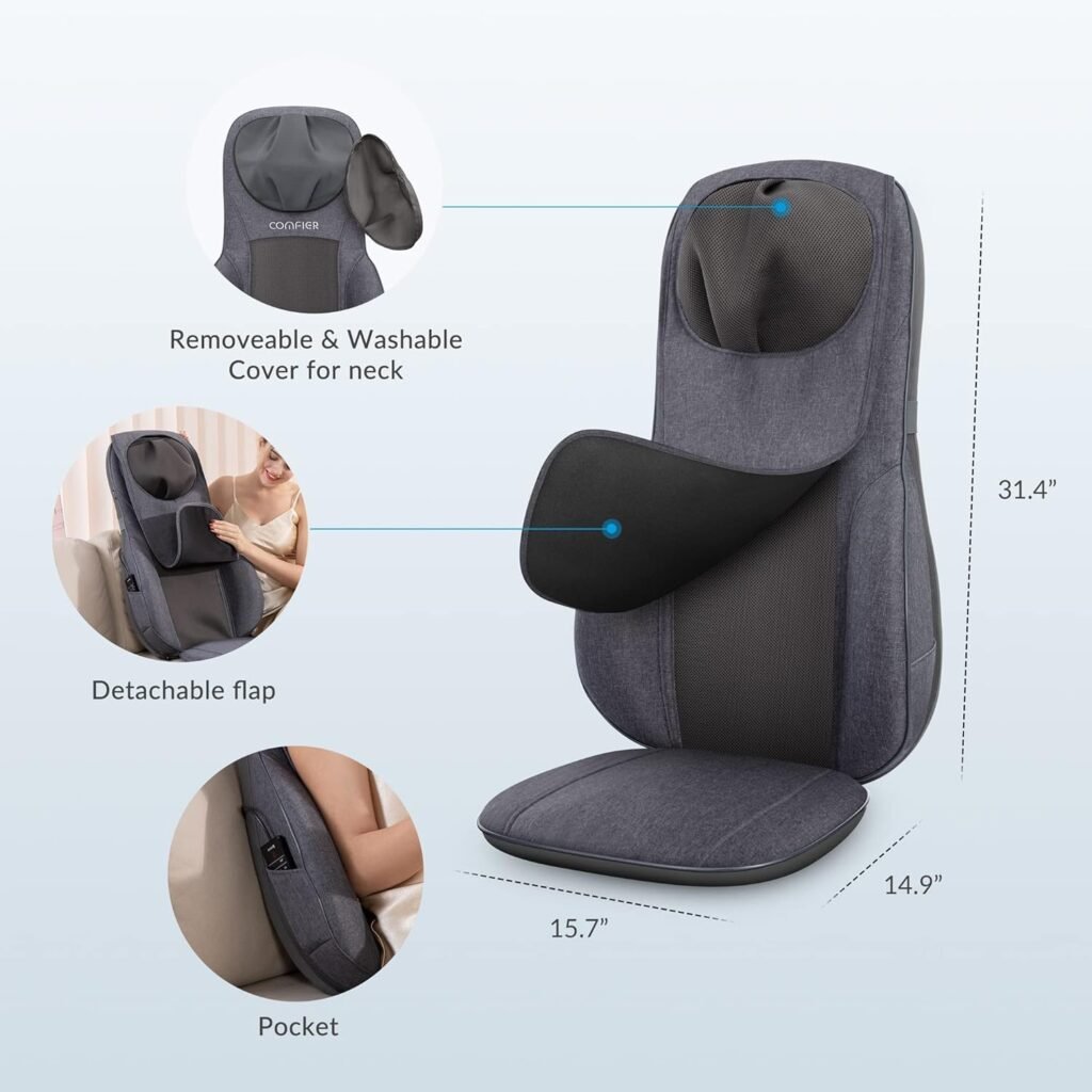 COMFIER Neck and Back Massager with Heat,Shiatsu Massage Chair Pad Portable with Compress  Rolling,Kneading Massager for Full Back  Shoulder, Full Body,Grey