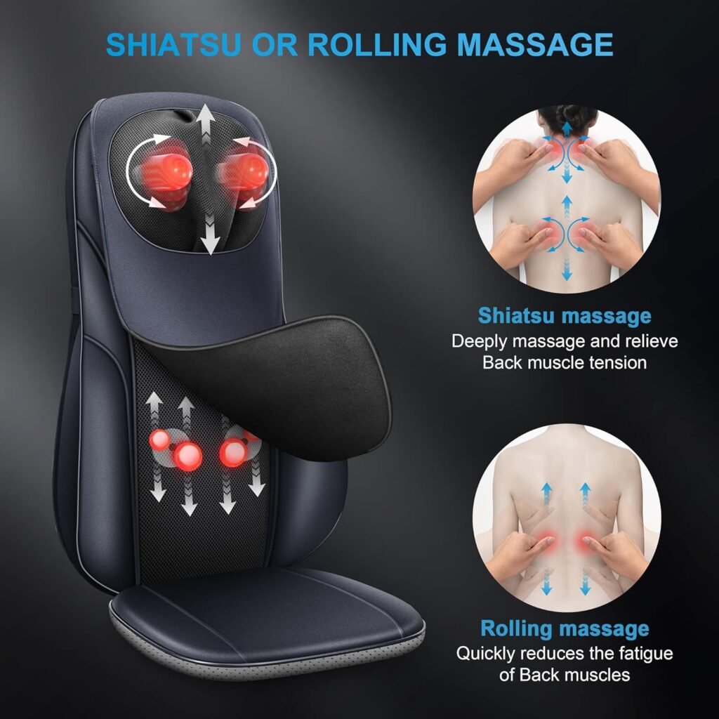 COMFIER Neck and Back Massager with Heat,Shiatsu Massage Chair Pad Portable with Compress  Rolling,Kneading Massager for Full Back  Shoulder, Full Body,Grey