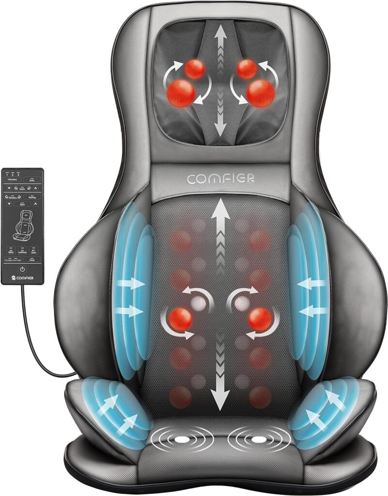 COMFIER Neck and Back Massager with Heat,Shiatsu Massage Chair Pad Portable with Compress  Rolling,Kneading Massager for Full Back  Shoulder, Full Body,Grey