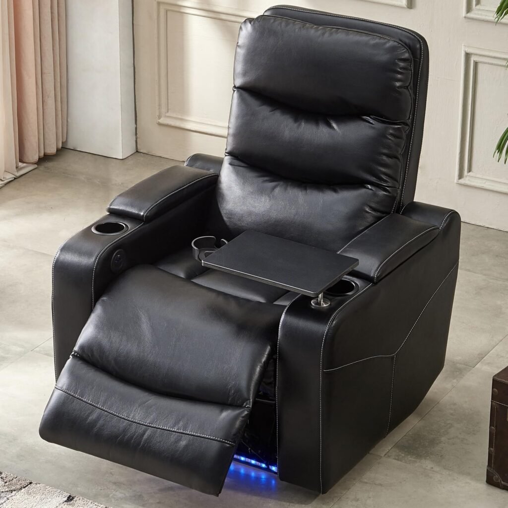 Comfort Stretch Electric Power Recliner Chair with LED Lights, Faux Leather Home Theater Seating, Recline Single Sofa Chair for Living Room with Swivel Tray Table, Hidden Arm Storage, Cup Holder-Black