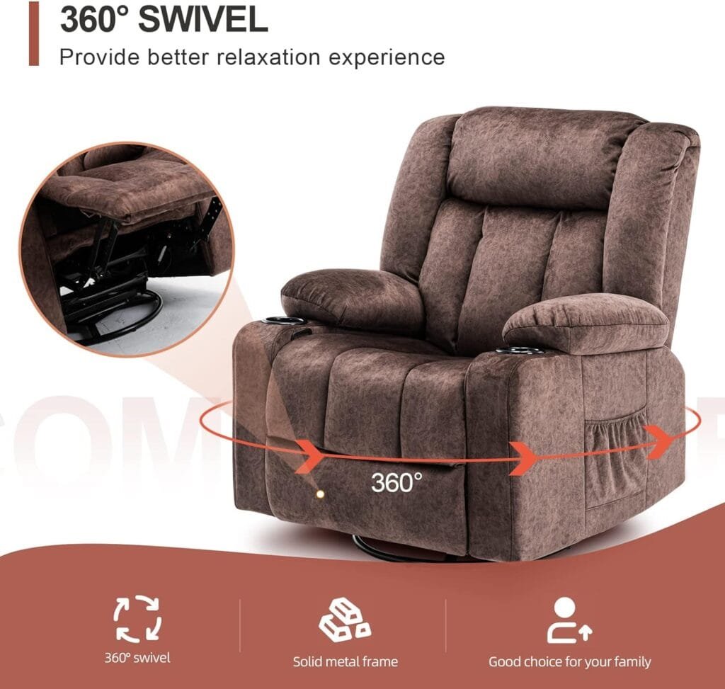 COMHOMA Recliner Chair Massage Rocker with Heated 360 Degree Swivel Lazy Boy Recliner Single Sofa Seat with Cup Holders for Living Room (Gray)