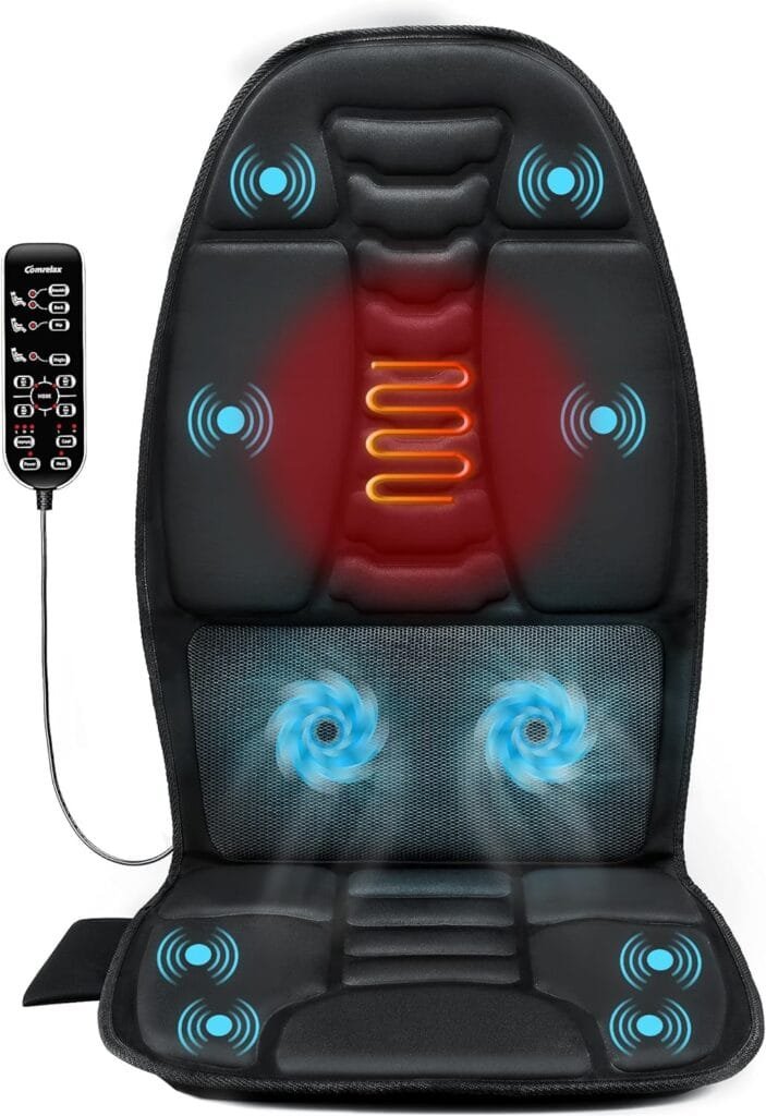 comrelax Back Massage Chair Pad, Deep Tissue Vibration Seat Massage Cushion, 2 Levels Cooling or Heat Back Massage for Muscle Fatigue Stress Relief