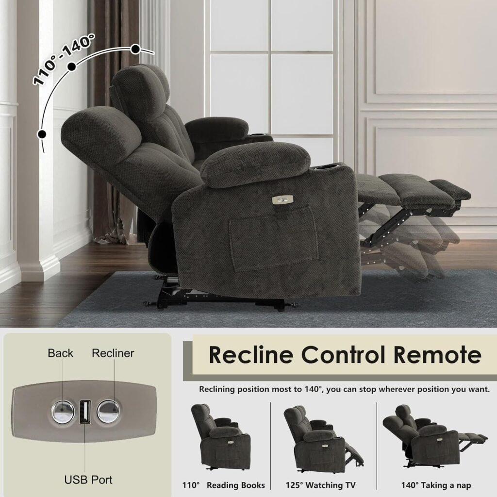 Consofa Power Recliner Chair- Electric Recliner Chairs with Extended Footrest - Plush Fabric Recliner Chair with Cup Holder, USB Charging, Reclining Chairs for Living Room