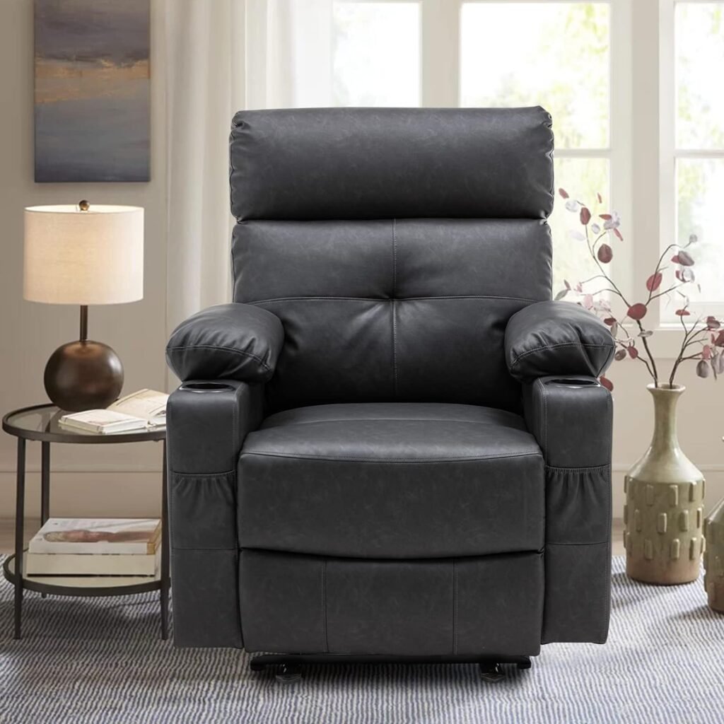 Consofa Power Recliner Chair with Extended Footrest, Faux Leather Electric Power Recliner Chair with USB Port and Cup Holders, Power Recliner with Soft Cushion and Back for Living Room