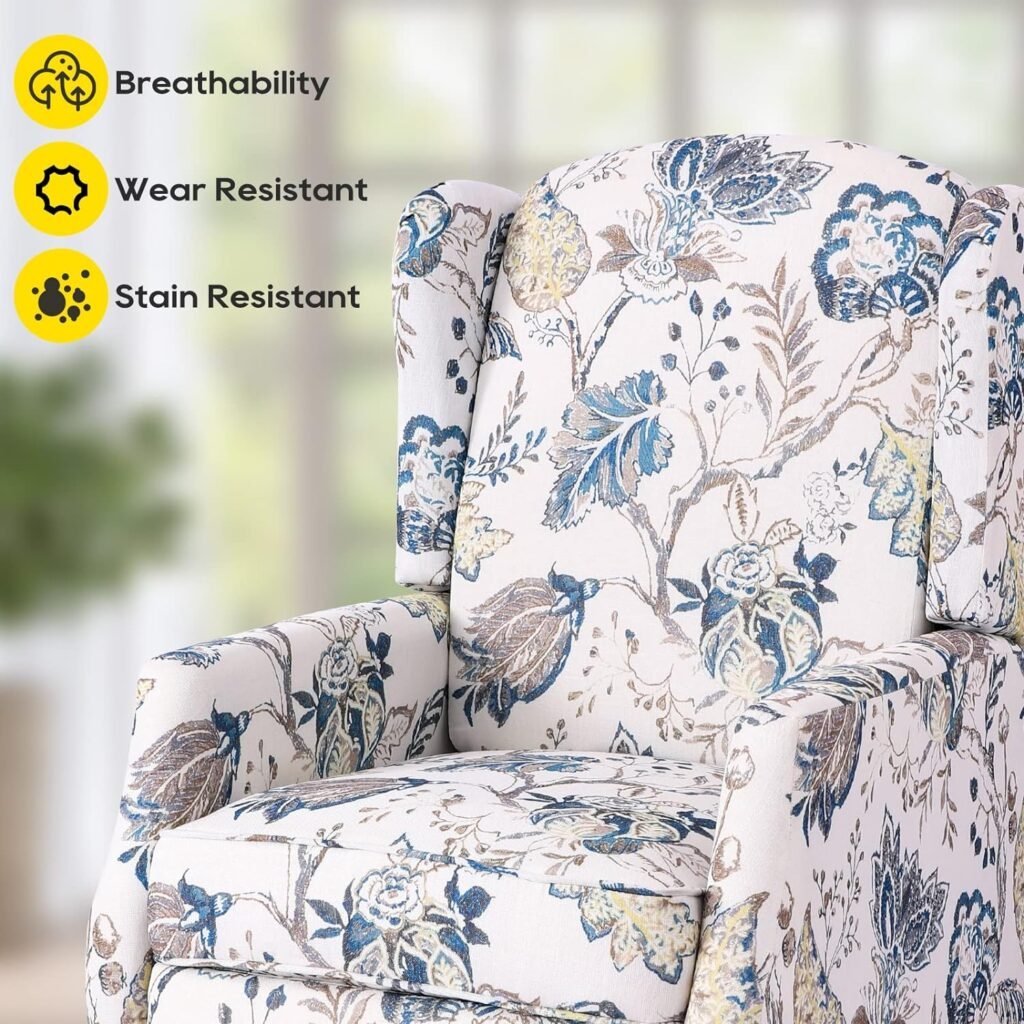 Consofa Upholstered Wingback Recliner Chair, Traditional Push Back Recliner with Padded Seat, Wingback Fabric Recliner Chair, Mid Century Modern Recliner Chair for Living Room (1, Blue Floral)