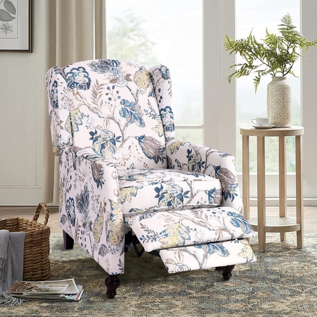 Consofa Upholstered Wingback Recliner Chair, Traditional Push Back Recliner with Padded Seat, Wingback Fabric Recliner Chair, Mid Century Modern Recliner Chair for Living Room (1, Blue Floral)