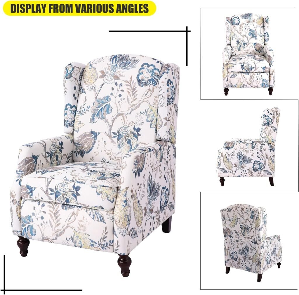 Consofa Upholstered Wingback Recliner Chair, Traditional Push Back Recliner with Padded Seat, Wingback Fabric Recliner Chair, Mid Century Modern Recliner Chair for Living Room (1, Blue Floral)