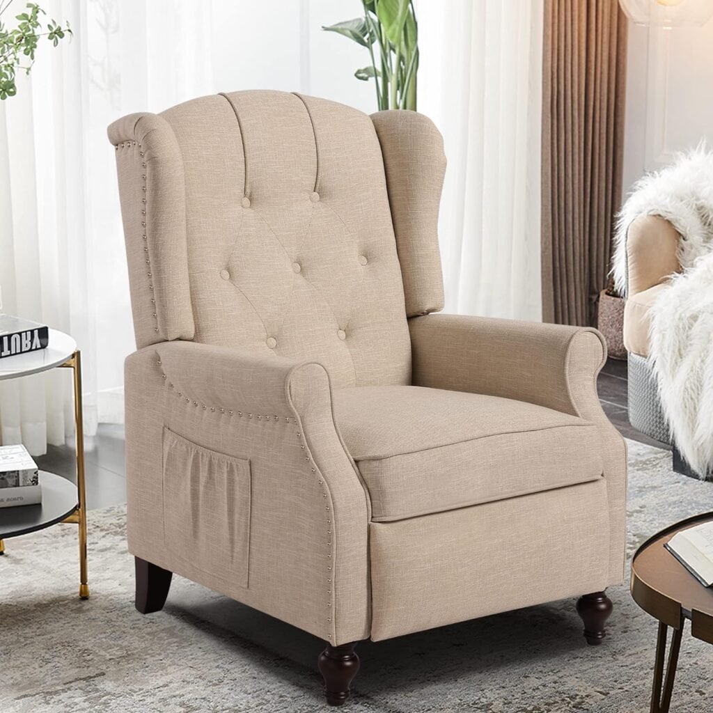 Consofa Wingback Recliner Chair with Massage and Heat Tufted Fabric Push Back Arm Chair for Living Room Vintage Recliner Chair with Remote Control, Padded Cushion, Backrest, Wooden Legs