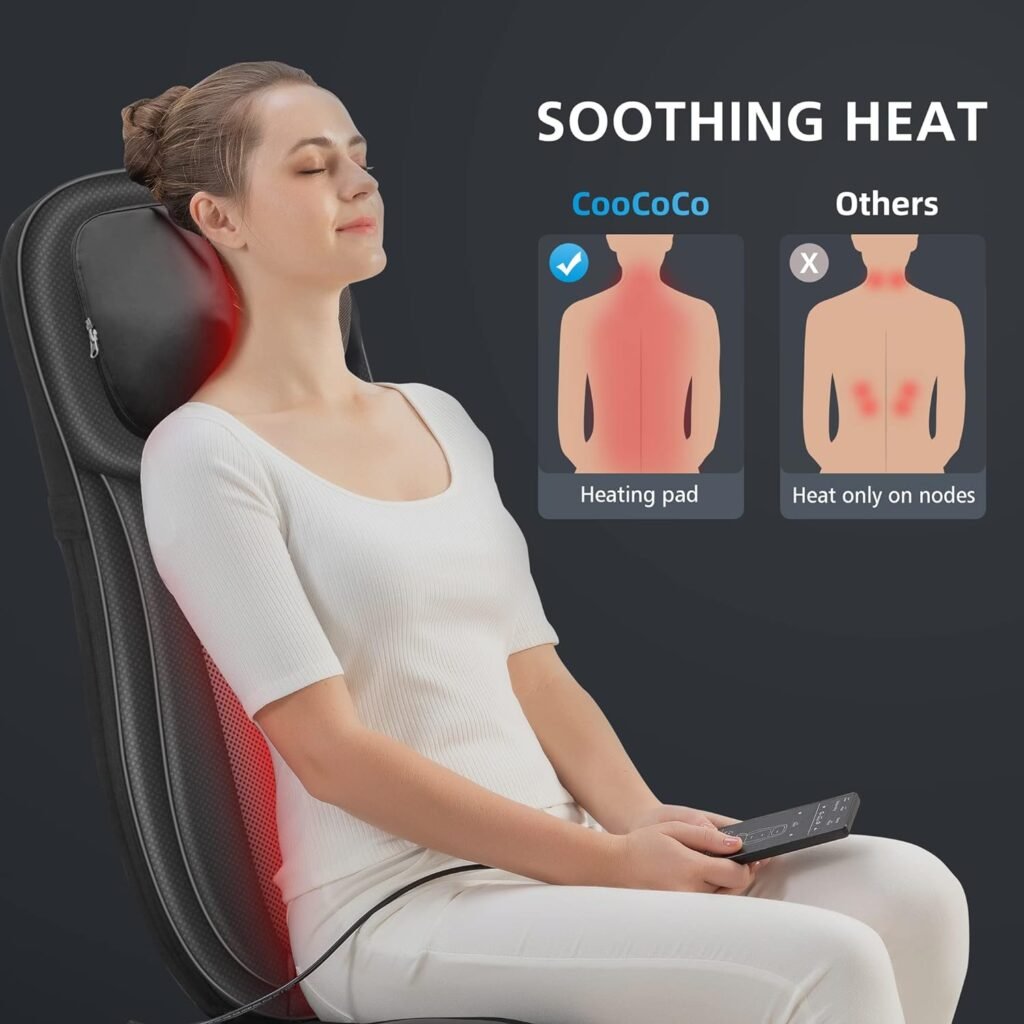 CooCoCo Shiatsu Back Massager with Heat, Deep Kneading Massage Chair Pad, Flexible Chair Massager for Back Pain, Seat Massage Pad, Ideal Gifts for Mom,Dad, Women, Men