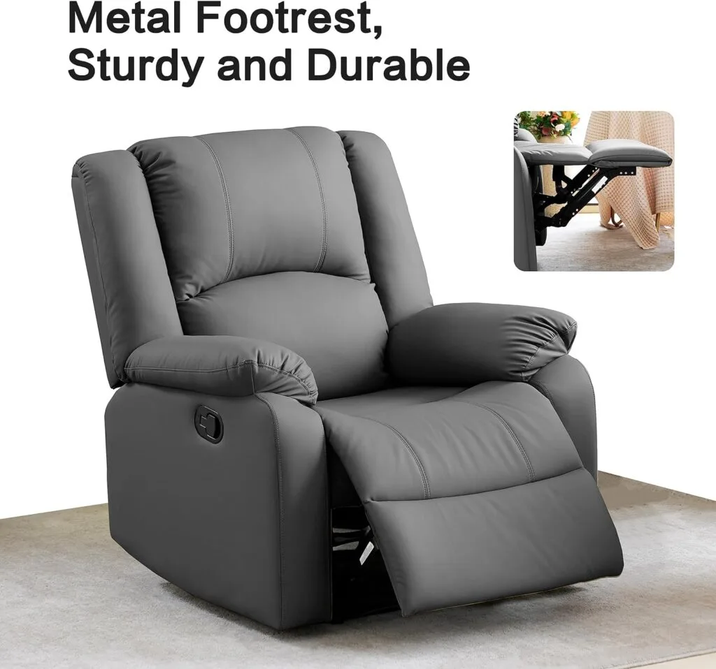 COOSLEEP Genuine Leather Recliner Chair with Overstuffed Arm and Back,Soft Living Room Chair Home Theater Lounge Seat,Manual Reclining Chairs for Adults (Dark Grey)
