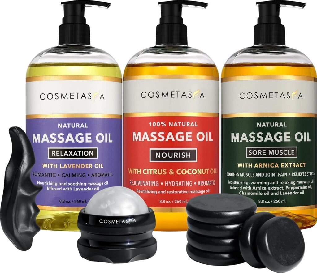 Cosmetasa Luxury Spa Treatment Gift Set- Relaxation, Nourish and Sore Muscle Massage Oil with Hot Stones, Roller Ball and Thumb Saver Massage Tools