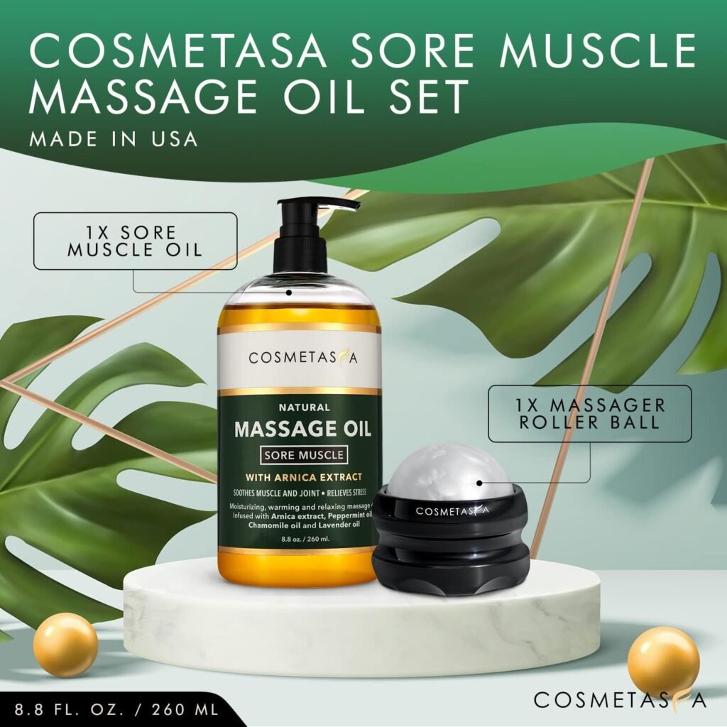 Cosmetasa Massage Oil for Sore Muscles with Roller Ball - Soothes Joints  Muscles with Arnica, Lavender Oil, Peppermint Oil  Chamomile Extract