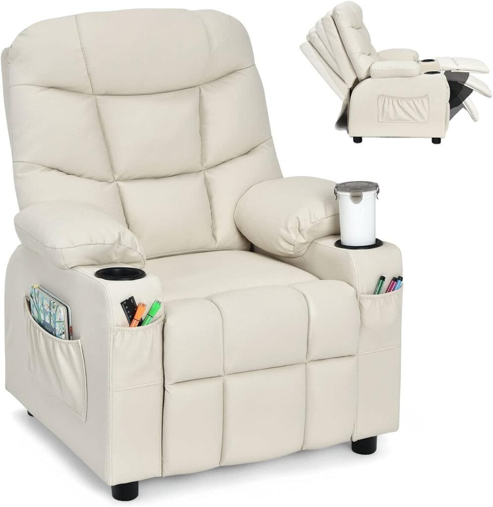 Costzon Kids Recliner Chair with Cup Holder, Adjustable Lounge Chair w/Footrest  Side Pockets for Children Boys Girls Room, Ergonomic Toddler Furniture Sofa, Kids Recliner (Beige)