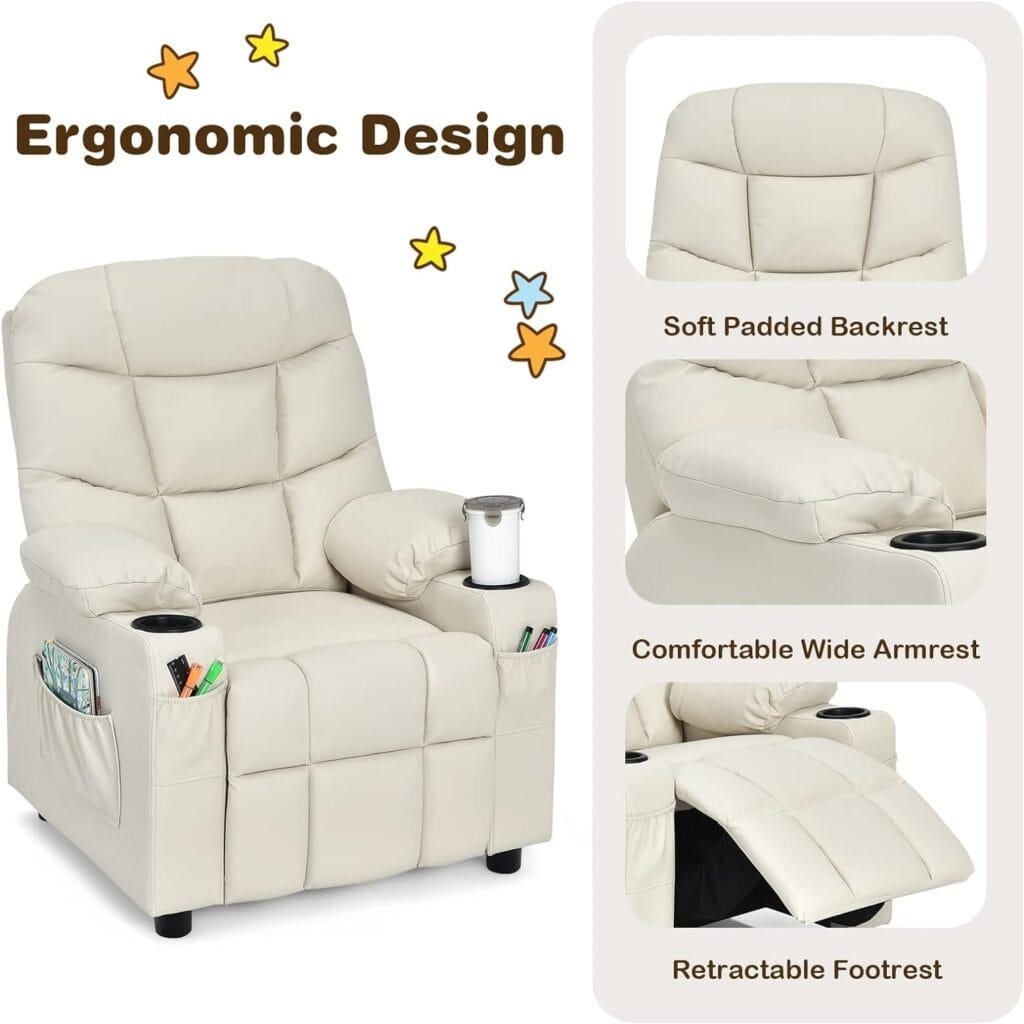 Costzon Kids Recliner Chair with Cup Holder, Adjustable Lounge Chair w/Footrest  Side Pockets for Children Boys Girls Room, Ergonomic Toddler Furniture Sofa, Kids Recliner (Beige)