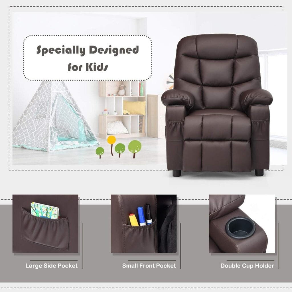 Costzon Kids Recliner Chair with Cup Holder, Adjustable Lounge Chair w/Footrest  Side Pockets for Children Boys Girls Room, Ergonomic Toddler Furniture Sofa, Kids Recliner (Beige)