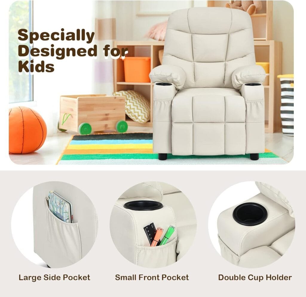 Costzon Kids Recliner Chair with Cup Holder, Adjustable Lounge Chair w/Footrest  Side Pockets for Children Boys Girls Room, Ergonomic Toddler Furniture Sofa, Kids Recliner (Beige)