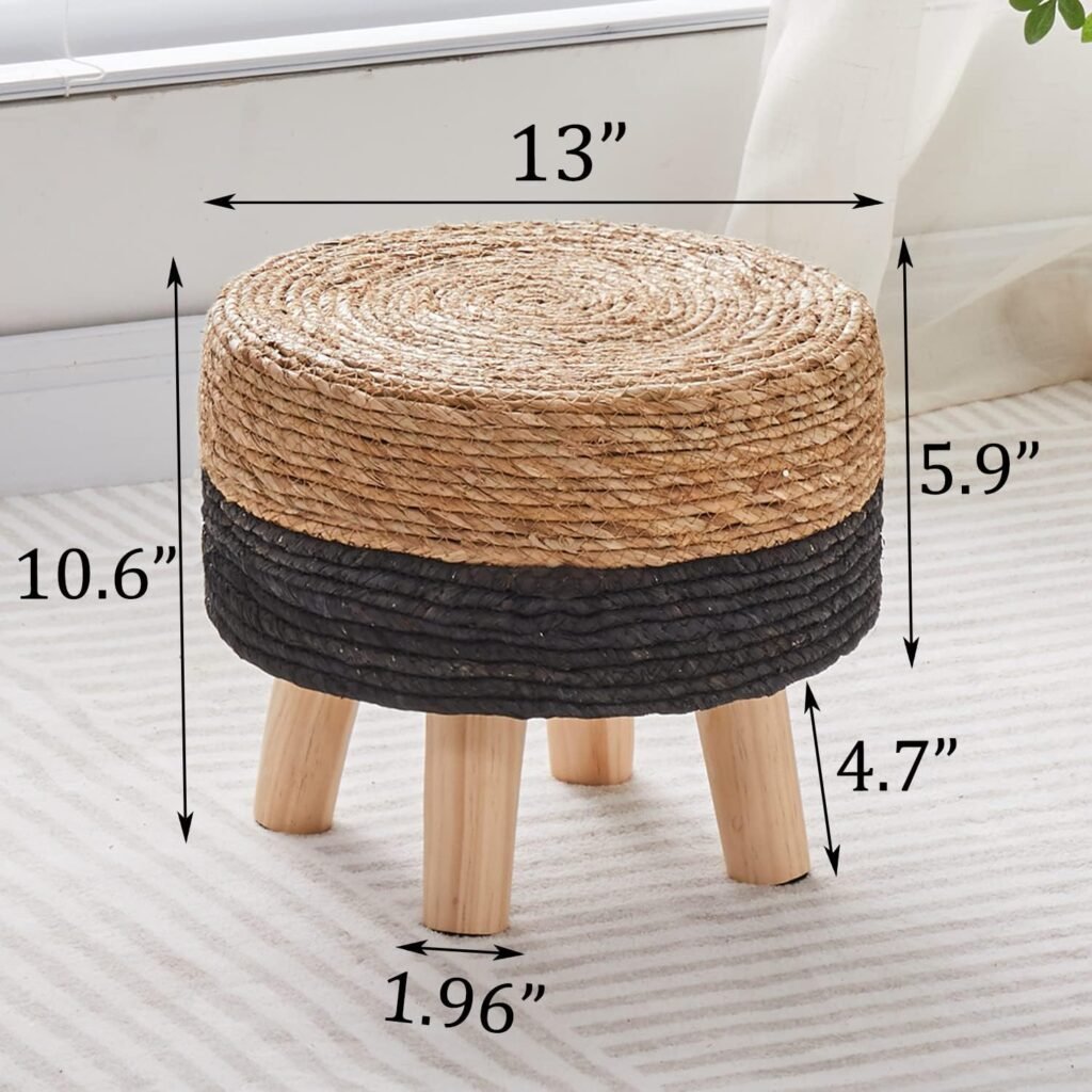 Cpintltr Ottoman Outdoor Sea Grass Stool Poufs Hand Woven Round Foot Stool for Sofa Desk Soft Step Stool Padded Foot Rest Multiple Colors Decorative Furniture Natural/Lake Blue