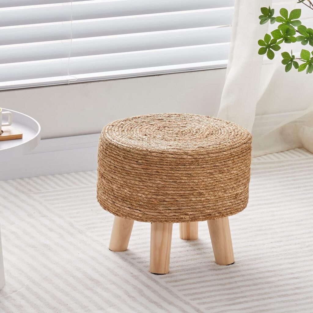 Cpintltr Ottoman Outdoor Sea Grass Stool Poufs Hand Woven Round Foot Stool for Sofa Desk Soft Step Stool Padded Foot Rest Multiple Colors Decorative Furniture Natural/Lake Blue