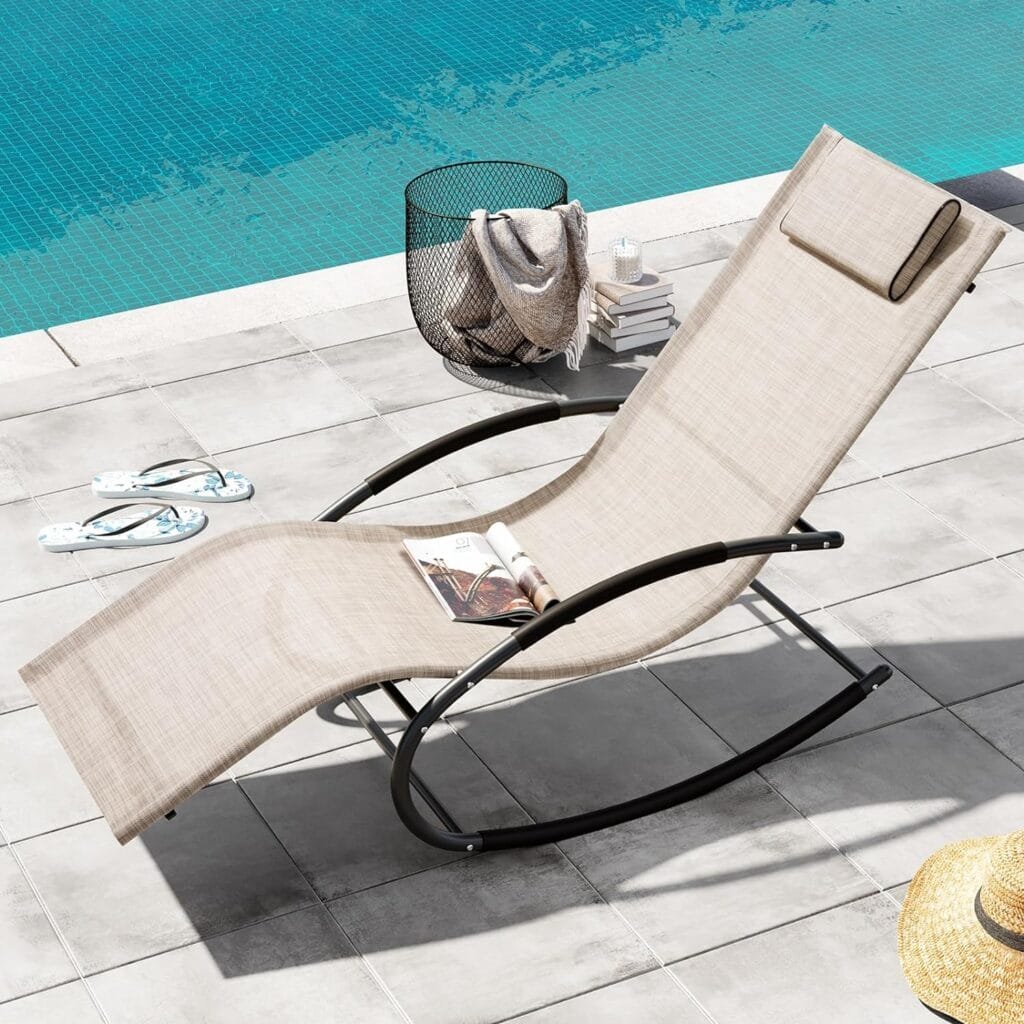 Crestlive Products Patio Rocking Chair Curved Rocker Chaise Lounge Chair with Pillow for Beach Yard Pool Outdoor Indoor, Gray Steel Frame (Beige)