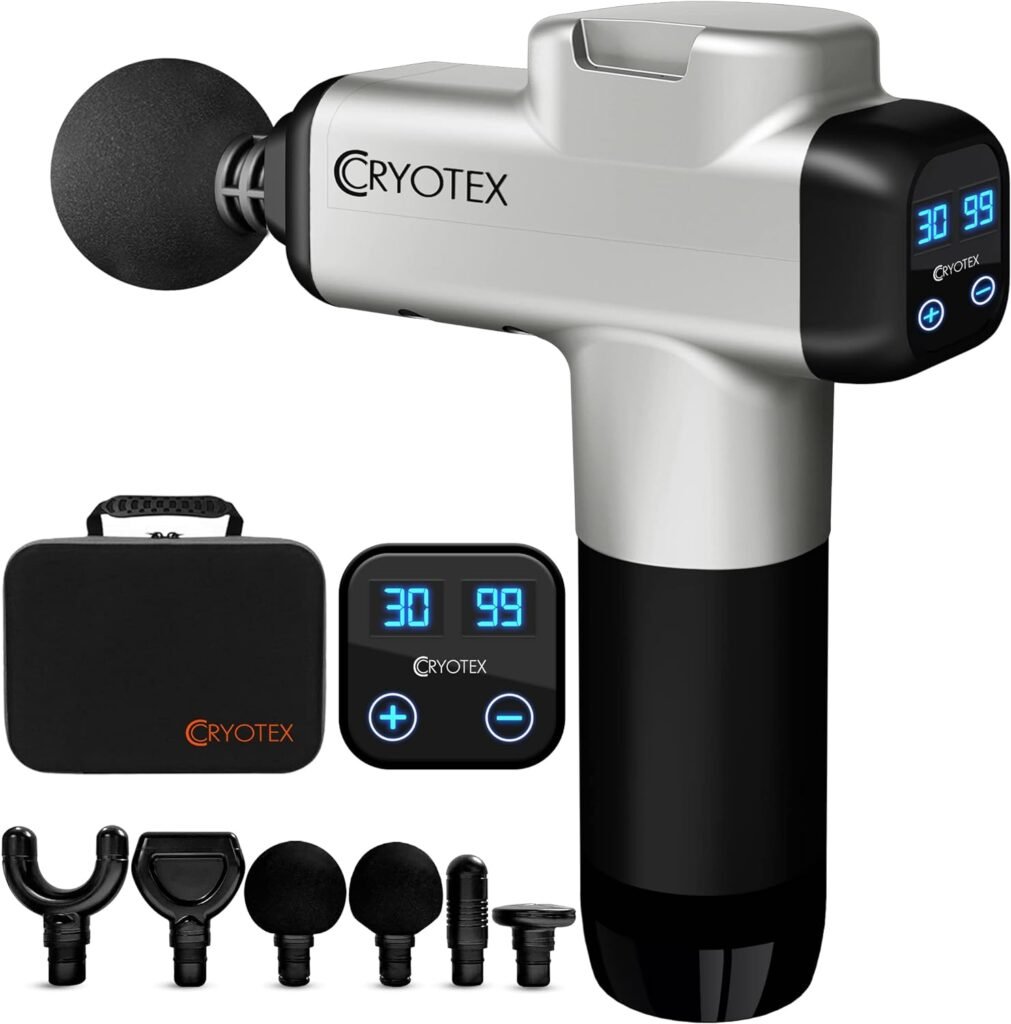 cryotex Massage Gun – Back  Neck Deep Tissue Handheld Percussion Massager – Six Different Heads for Different Muscle Groups - 30 Speed Levels